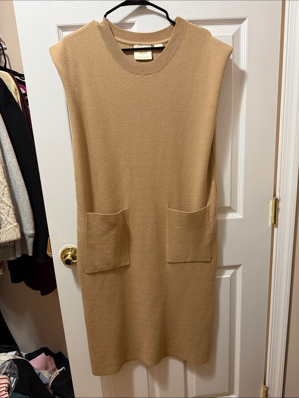 Maeve Camel Sleeveless Pocket Knit Dress